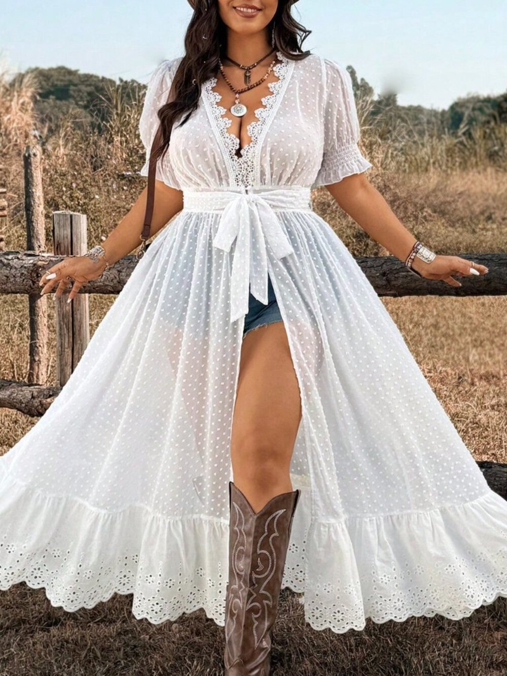 White Sexy Women's Sheer Lace Patchwork Chiffon Dress